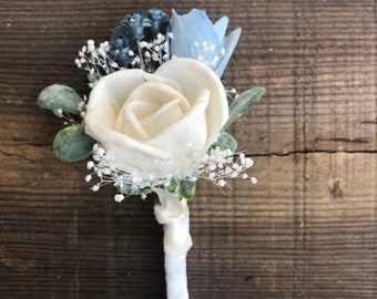 Sola wood flower boutonniere, dusty blue wood flower boutineer, pin on mens flower, blue grooms lapel flower, wood wedding flowers, slate