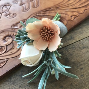 Belle Sola wood flower boutonniere, Dusty blue boutonniere, pin on eco flower, grooms lapel flower, wood wedding flowers slate blue, peach image 5