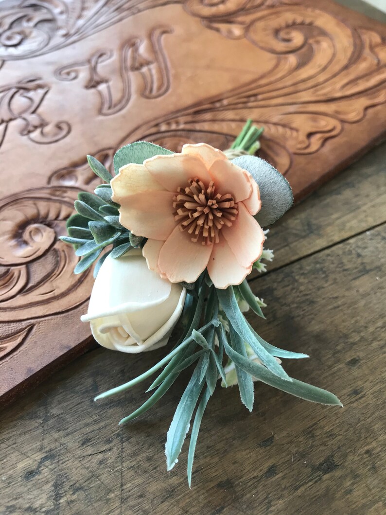 Belle Sola wood flower boutonniere, Dusty blue boutonniere, pin on eco flower, grooms lapel flower, wood wedding flowers slate blue, peach image 5