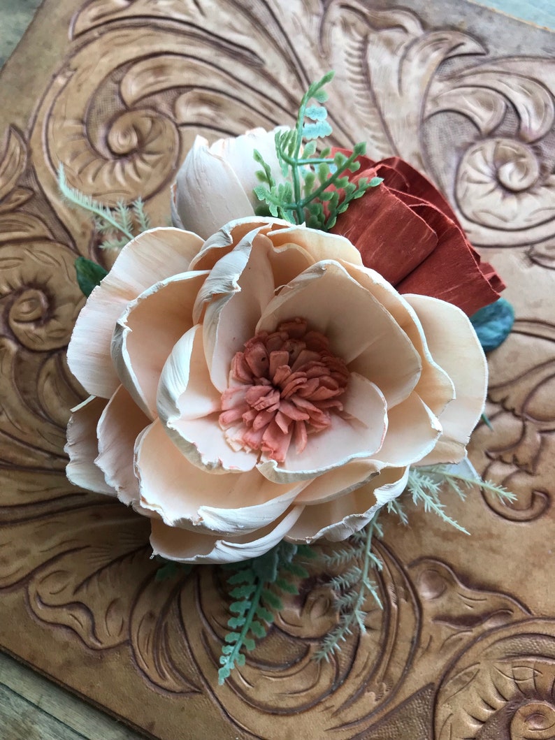 Jessie Sola wood flower wrist corsage, copper wedding flowers, Mother of the bride, bridesmaid corsage, peach, rust wooden flowers image 3