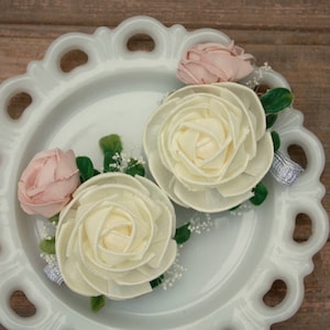 Blush pink corsage, ivory wrist corsage, sola wood flower, vintage sheet music, ecoflower, prom flower, dusty rose corsage, wood flower