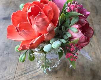 Ramo de peonía, flores de madera sola, flores del Día de la Madre, ramo de flores de madera en jarrón, regalo de cumpleaños, decoración de centro de mesa de primavera brillante