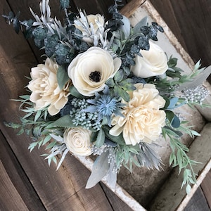 Annie Wooden flower bouquet, anemone and dahlia bouquet, slate, eucalytpus, boho wedding bouquet, ivory and dusty blue, Sola wood flowers image 2