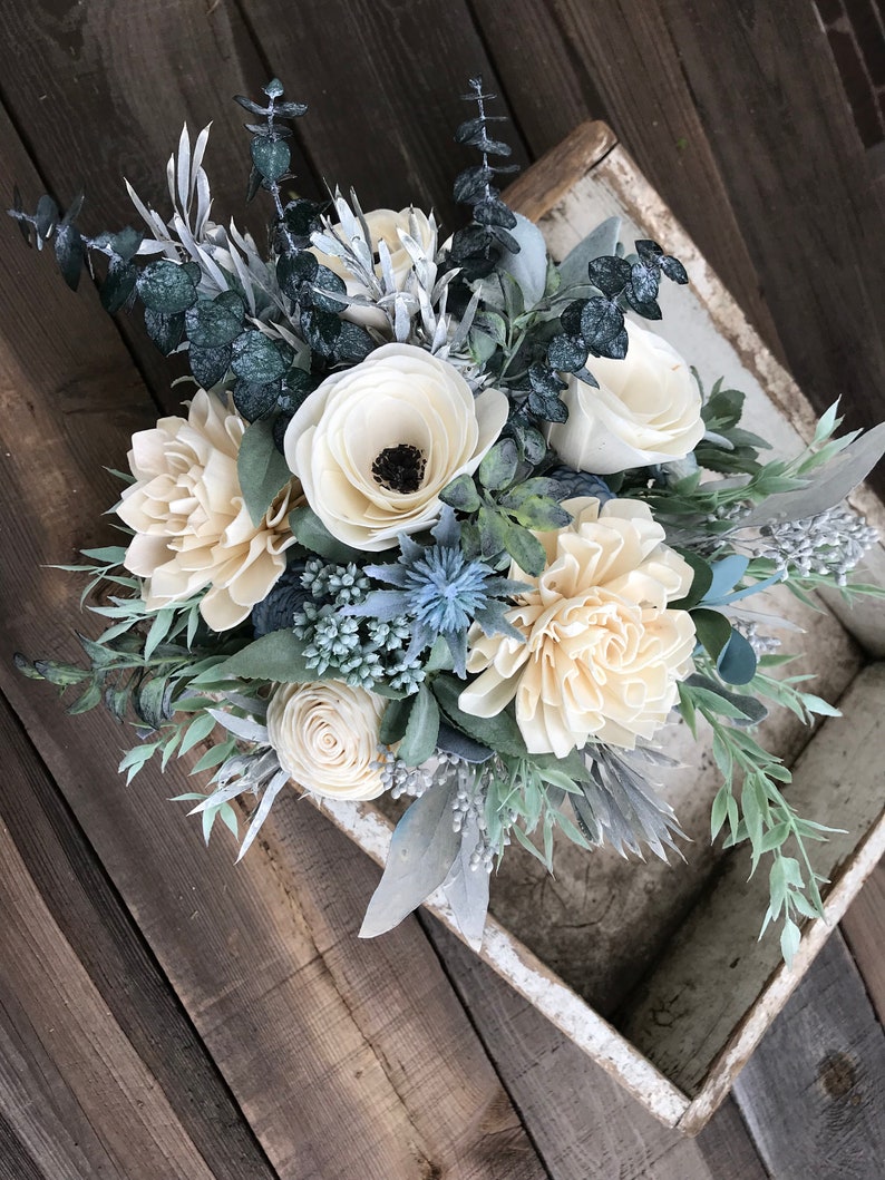 Annie Wooden flower bouquet, anemone and dahlia bouquet, slate, eucalytpus, boho wedding bouquet, ivory and dusty blue, Sola wood flowers image 2