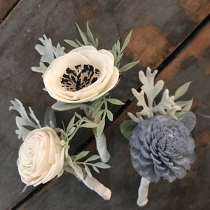 Annie Wooden flower bouquet, anemone and dahlia bouquet, slate, eucalytpus, boho wedding bouquet, ivory and dusty blue, Sola wood flowers image 8