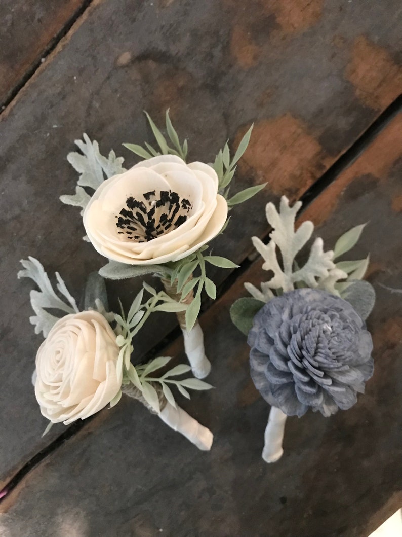 Annie Wooden flower bouquet, anemone and dahlia bouquet, slate, eucalytpus, boho wedding bouquet, ivory and dusty blue, Sola wood flowers image 8