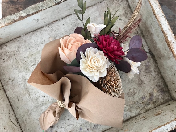 burgundy wood flower bouquet sola wood flowers fall bouquet wooden wedding flowers anniversary gift flower bouquet brown paper