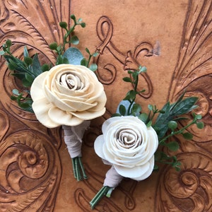 Sola wood flower boutonniere, champagne boutonniere, READY TO SHIP pin on grooms lapel flower, wood wedding flowers, ivory boutineer, gold
