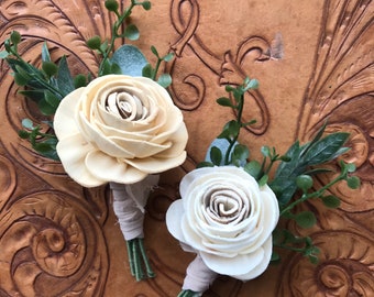 Sola wood flower boutonniere, champagne boutonniere, READY TO SHIP pin on grooms lapel flower, wood wedding flowers, ivory boutineer, gold