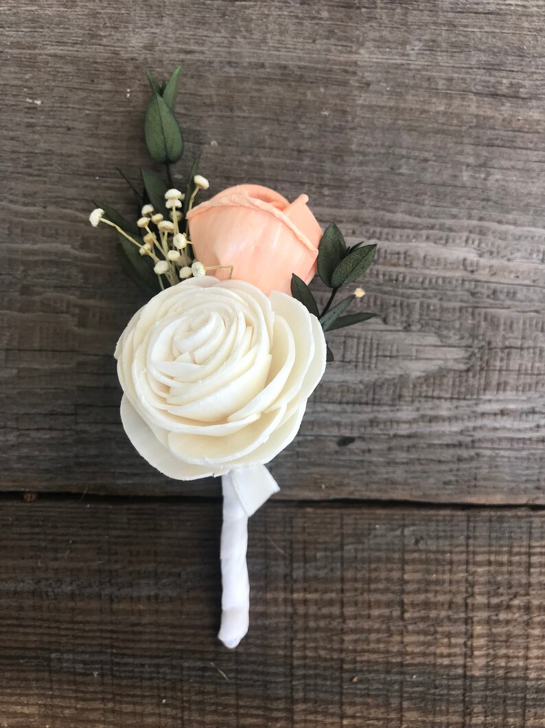 Sola Wood Flower Boutonniere Peach Wood Flower Boutineer Pin Etsy