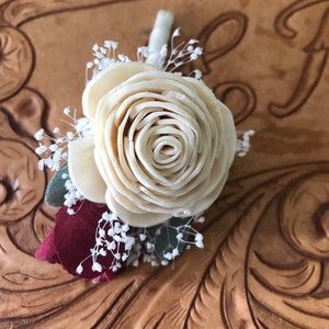 Sola flower boutonniere, READY TO SHIP, ivory grooms boutonniere, sola wood flower, burgundy boutineer, wine wedding flowers