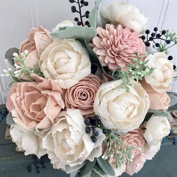 Sola flower bouquet, blush pink sola wood flower wedding bouquet, eco flowers, alternative keepsake bouquet, navy blue wedding