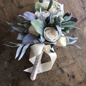 Lila ~ Ivory bridal bouquet, wooden flowers, READY TO SHIP sola wood flower bouquet, lilac wedding, lavender greens, dusty miller, lambs ear