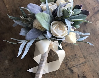 Lila ~ Ivory bridal bouquet, wooden flowers, READY TO SHIP sola wood flower bouquet, lilac wedding, lavender greens, dusty miller, lambs ear
