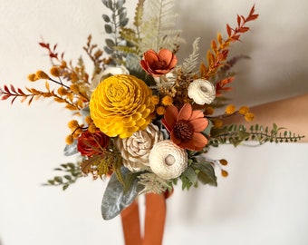 Fall wood flower bouquet, burnt orange and mustard wooden flowers, READY TO SHIP, sola wood flowers, wedding bouquet, elopement bouquet