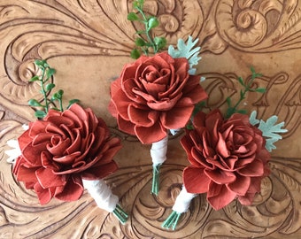 Wooden flower boutonniere, grooms flower, READY TO SHIP pin on sola wood flower, rust wedding flowers, groomsmen,  wooden lapel flower