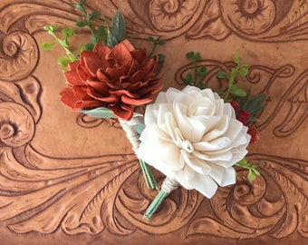 Rust boutonniere, copper grooms bootineer, READY TO SHIP pin on lapel flower, wood wedding flowers, dahlia, fall wedding flowers