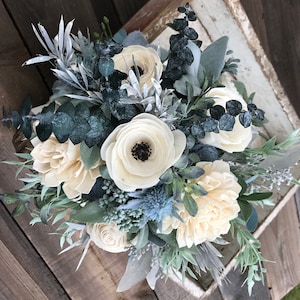 Annie Wooden flower bouquet, anemone and dahlia bouquet, slate, eucalytpus, boho wedding bouquet, ivory and dusty blue, Sola wood flowers image 4