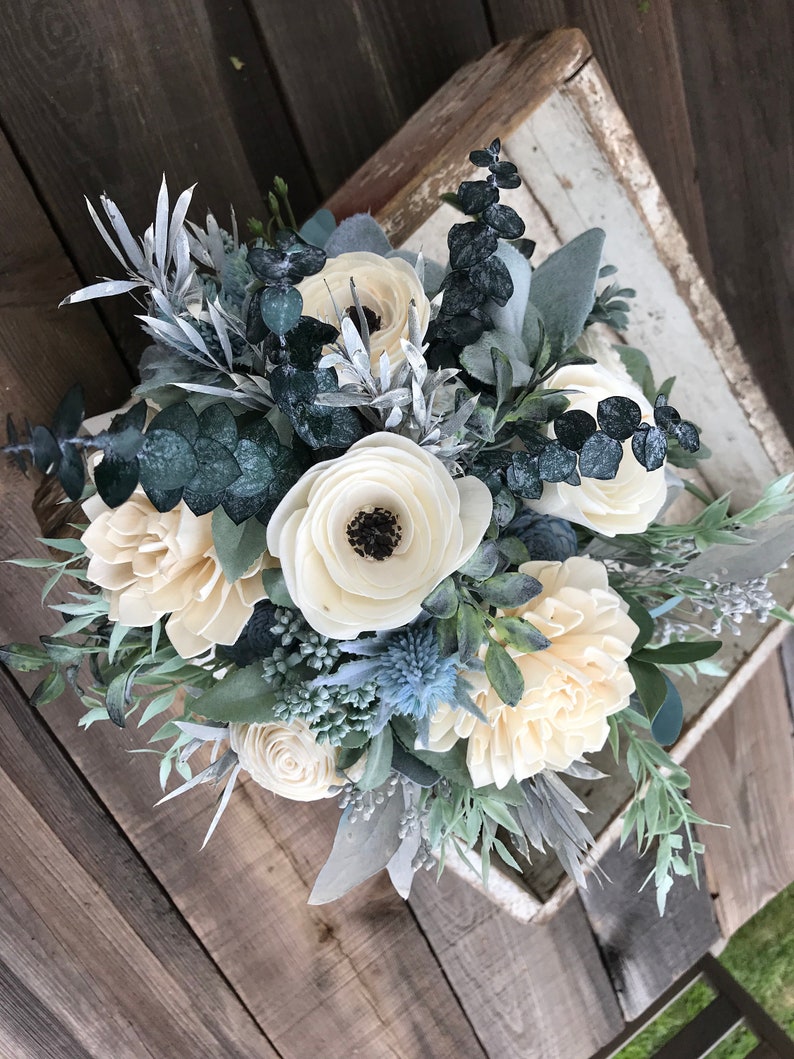 Annie Wooden flower bouquet, anemone and dahlia bouquet, slate, eucalytpus, boho wedding bouquet, ivory and dusty blue, Sola wood flowers image 4