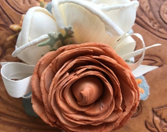 June ~ READY TO SHIP~ Sola wood flower wrist corsage, copper wedding flowers, Mother of the bride, bridesmaid, peach, rust wooden flowers