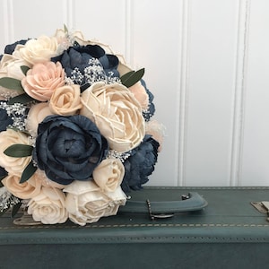 Sola flower bouquet, blush sola wooden flower wedding bouquet, blush pink and navy, peony wedding bouquet, keepsake, blush pink ecoflowers image 7