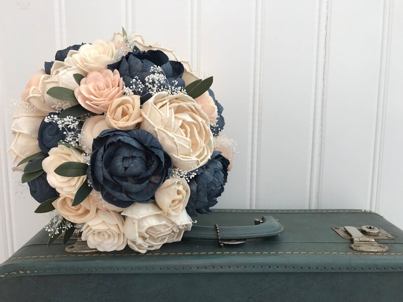 Sola flower bouquet, blush sola wooden flower wedding bouquet, blush pink and navy, peony wedding bouquet, keepsake, blush pink ecoflowers image 7