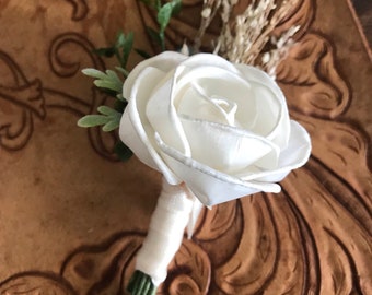 Wooden boutonniere, ivory grooms flower, pin on sola wood flower, fall wedding flowers, groomsmen, ivory wooden lapel flower, free ship