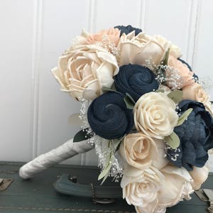 Sola flower bouquet, blush sola wooden flower wedding bouquet, blush pink and navy, peony wedding bouquet, keepsake, blush pink ecoflowers image 4