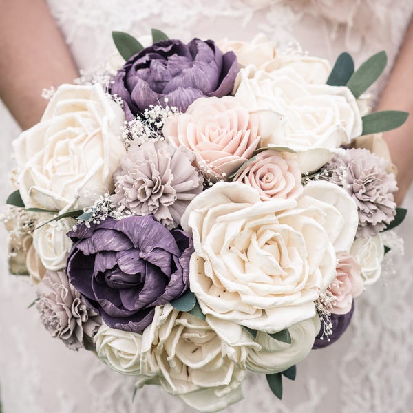 Sola flower bouquet, plum sola wooden flower wedding bouquet, blush pink and deep plum, peony wedding bouquet, keepsake, purple ecoflowers
