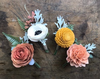 Jessie ~ Sola wood flower boutonniere, rust boutonniere, READY TO SHIP pin on grooms lapel flower, wood wedding flowers, copper, mustard