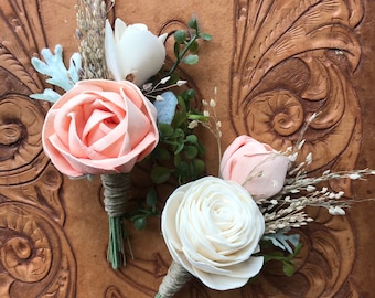 Sola wood flower boutonniere, peach boutonniere, READY TO SHIP pin on grooms lapel flower, wood wedding flowers, ivory boutineer