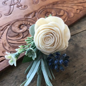 Belle Sola wood flower boutonniere, Dusty blue boutonniere, pin on eco flower, grooms lapel flower, wood wedding flowers slate blue, peach image 4