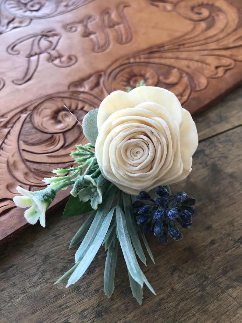 Belle Sola wood flower boutonniere, Dusty blue boutonniere, pin on eco flower, grooms lapel flower, wood wedding flowers slate blue, peach image 4