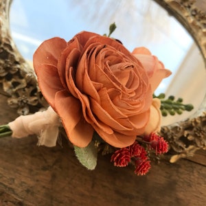 Ginger~ READY TO SHIP~ Sola wood flower pin on corsage, copper wedding flowers, Mother of the bride, bridesmaid, peach, rust wooden flowers