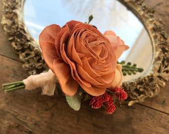 Ginger~ READY TO SHIP~ Sola wood flower pin on corsage, copper wedding flowers, Mother of the bride, bridesmaid, peach, rust wooden flowers