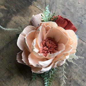 Jessie Sola wood flower wrist corsage, copper wedding flowers, Mother of the bride, bridesmaid corsage, peach, rust wooden flowers image 2