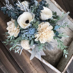 Annie Wooden flower bouquet, anemone and dahlia bouquet, slate, eucalytpus, boho wedding bouquet, ivory and dusty blue, Sola wood flowers image 6