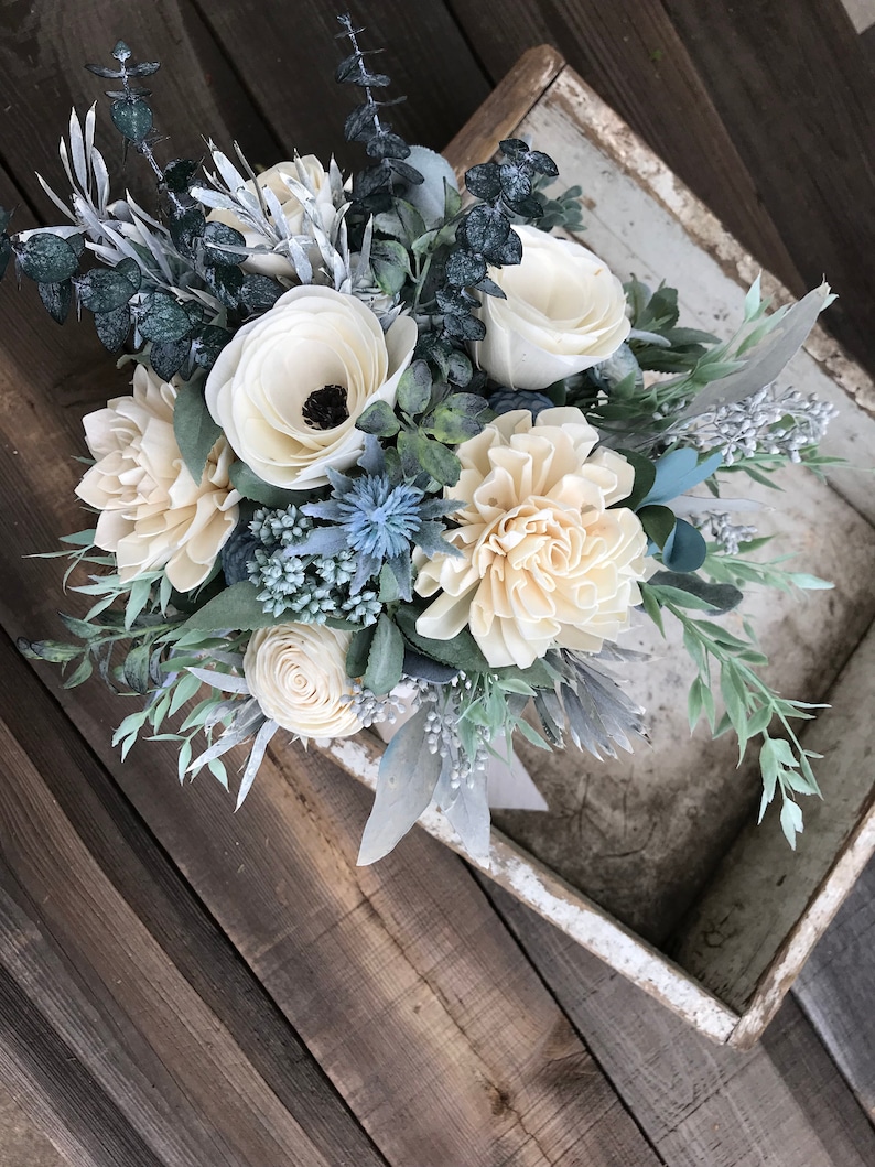 Annie Wooden flower bouquet, anemone and dahlia bouquet, slate, eucalytpus, boho wedding bouquet, ivory and dusty blue, Sola wood flowers image 6