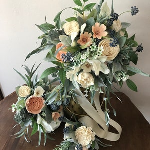 Belle Wooden flower bouquet, slate blue and peach, boho wedding bouquet, ivory and dusty blue, Sola wood flowers, peony and rose image 7