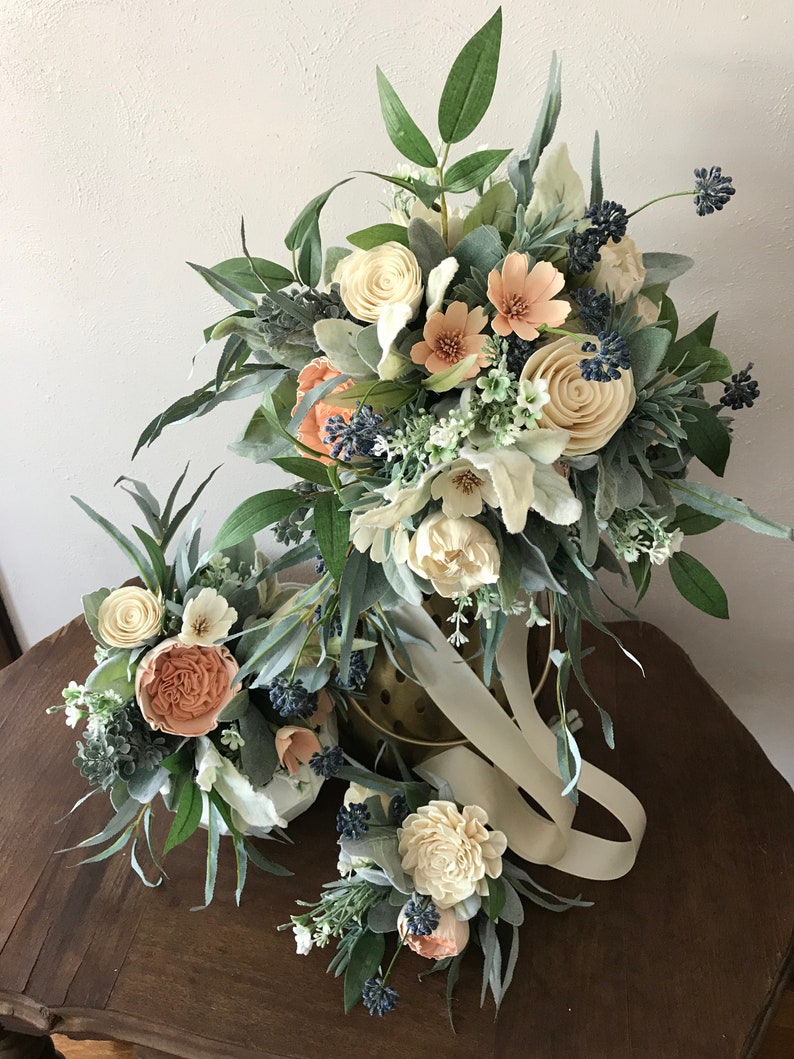 Belle Wooden flower bouquet, slate blue and peach, boho wedding bouquet, ivory and dusty blue, Sola wood flowers, peony and rose image 7