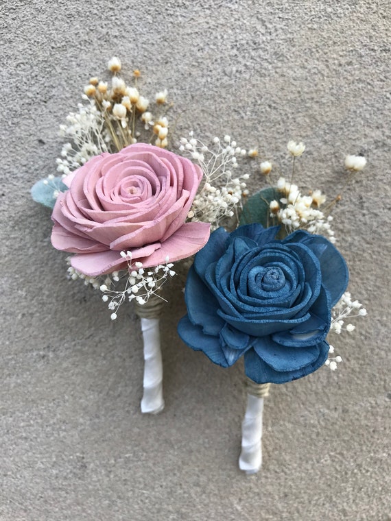 Sola flower boutonniere, grooms flower, sola wood flower bout, dusty rose, dusty blue lapel flower, wedding flowers, lapel flower, boutineer