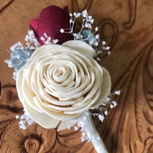 Sola flower boutonniere, ivory grooms boutonniere, sola wood flower, burgundy wooden flower boutineer, wine wedding flowers, wood boutineer