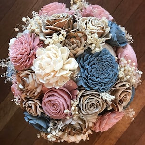 Sola flower bouquet, brides wedding bouquet, dusty blue and blush pink wedding flowers, dusty rose bouquet, eco flowers, wood flower bouquet