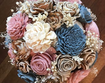 Sola flower bouquet, brides wedding bouquet, dusty blue and blush pink wedding flowers, dusty rose bouquet, eco flowers, wood flower bouquet