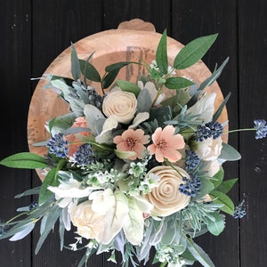 Belle Wooden flower bouquet, slate blue and peach, boho wedding bouquet, ivory and dusty blue, Sola wood flowers, peony and rose image 8