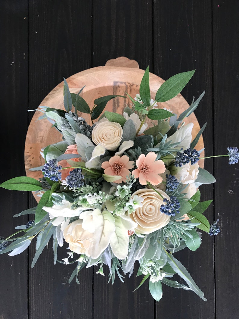 Belle Wooden flower bouquet, slate blue and peach, boho wedding bouquet, ivory and dusty blue, Sola wood flowers, peony and rose image 8