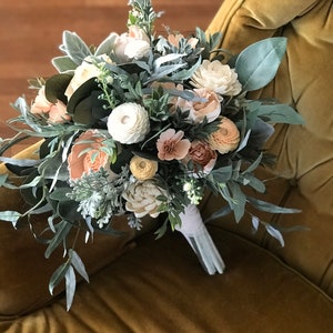 Julia~ sola wood wedding flowers, wood flowers, wooden flowers, peach wedding, boho bridal bouquet, eucalyptus, blush pink wedding bouquet