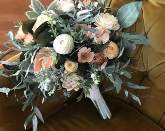 Julia~ sola wood wedding flowers, wood flowers, wooden flowers, peach wedding, boho bridal bouquet, eucalyptus, blush pink wedding bouquet