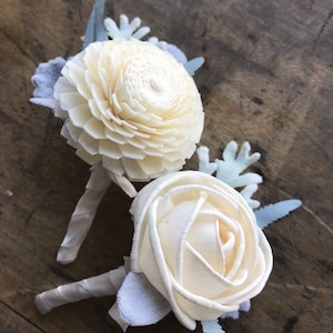 Lila~ Sola wood flower boutonniere, lavender boutineer, ivory pin on mens flower, lilac, grooms lapel flower, wood wedding flowers