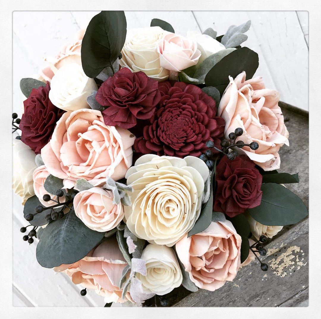 Sola Flower Bouquet, Burgundy Sola Wood Flower Wedding Bouquet